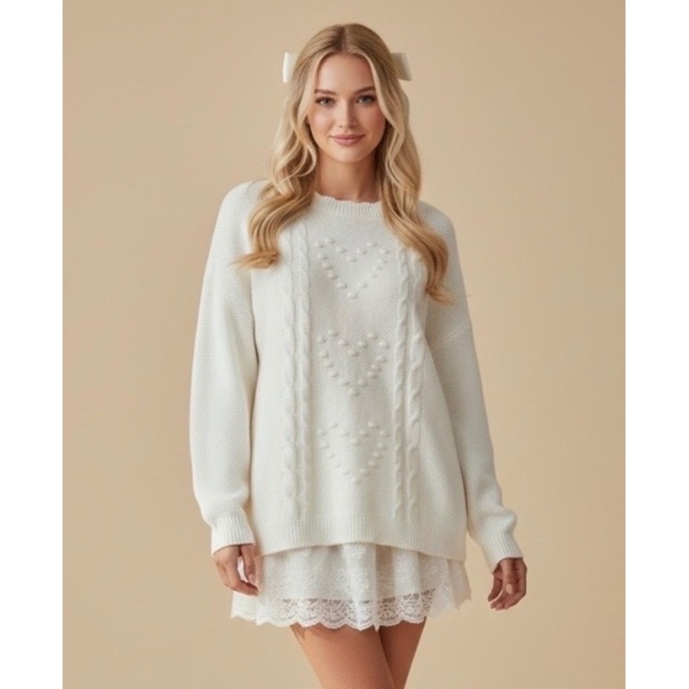 Old Navy SoSoft Heart Bobble XL Cable Knit Sweater Cream Coquette Romantic